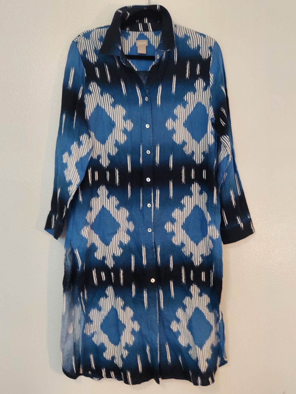 Chico's Blue and White Ikat Inspired Linen Tunic Shirt Dress Chico Size 1 (8/10)